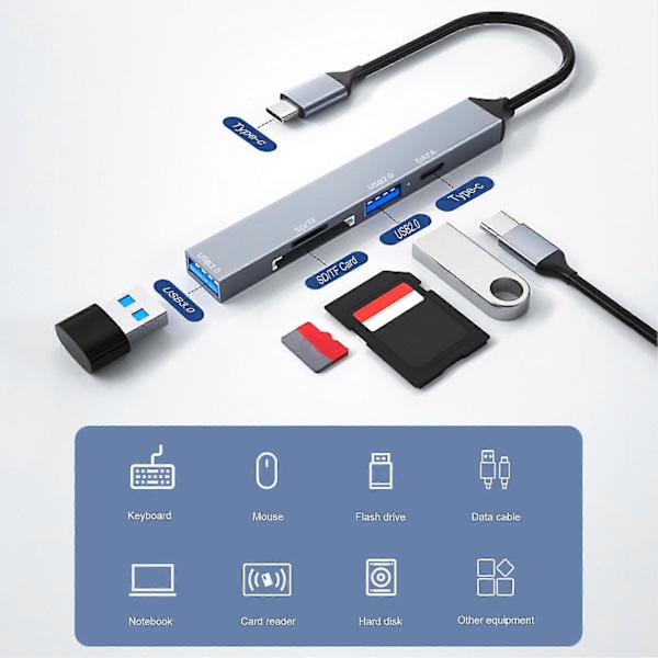 USB 3.0 Utvidelseshub med SD-kortleser Plug-and-Play Rask Dataoverføring Koble Splitter Hub Hjemmeforsyning