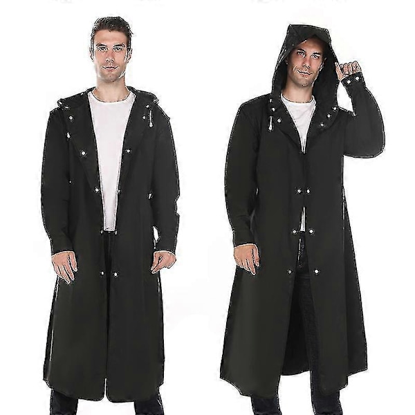Miesten pitkä sadetakki vedenpitävä uudelleenkäytettävä sadeponcho hupulla vaellukseen kalastukseen, sopii 70-85 kg:lle (1 kpl, musta)
