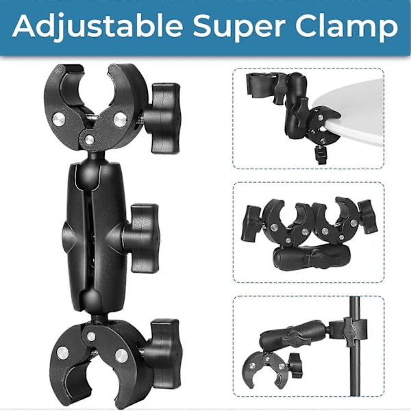 Dobbel Kameraklemme Superklemmeholder for Lysstativ Paraply Stativ Reflektor Motorsykkel