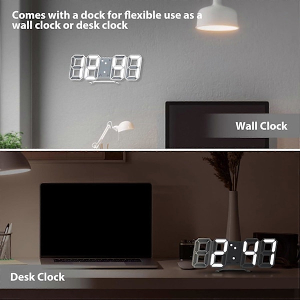 3D LED Digital Väggklocka Ljusande Väckarklocka Ljudlös Snooze-funktion Justerbar Ljusstyrka 12/24 Timmar Datum/Temperaturvisning Kontor Kök Vardagsrum