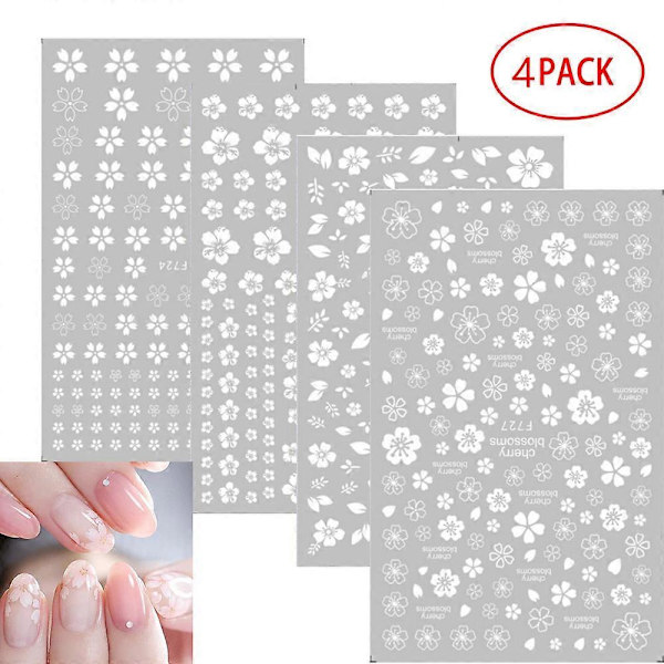 Vita Nagelstickers Blommor Nagelkonst Stickers, 4 Ark Blom Nageldekaler 3D Självhäftande Nagelkonst Tillbehör Manikyr