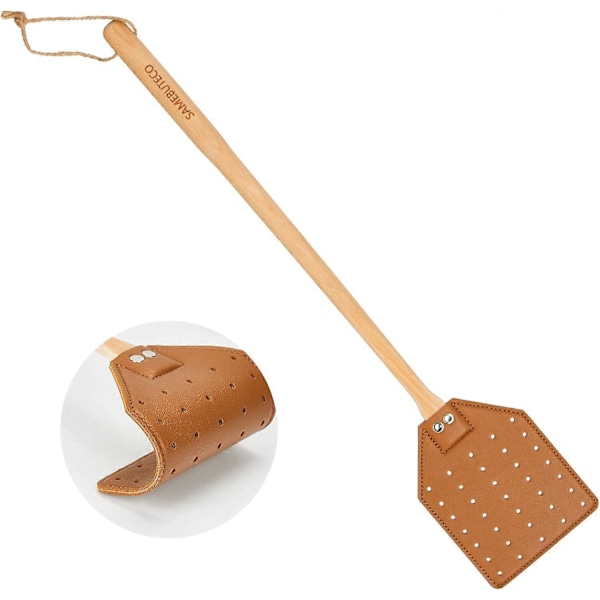 Kestävä nahkainen kärpäslätkä, ruskea nahka, pyökkipuinen pitkä varsi sisä- ja ulkokäyttöön, 50 cm