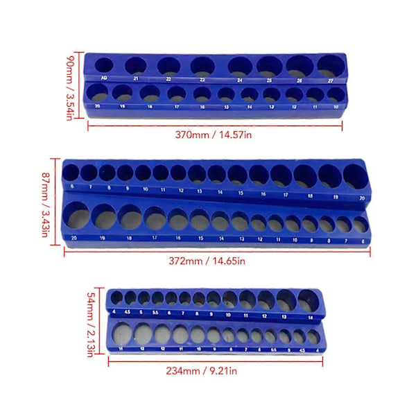 3-pack Magnetisk Hylsnyckelorganisator Set 1/2 tum 3/8 tum 1/4 tum Standard Djup Metrisk Hylsnyckelhållare