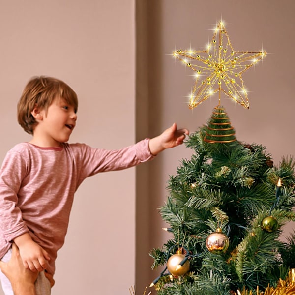 #Juletræstop (Lille Størrelse), LED Stjerne, Guldperler, Lysende#
