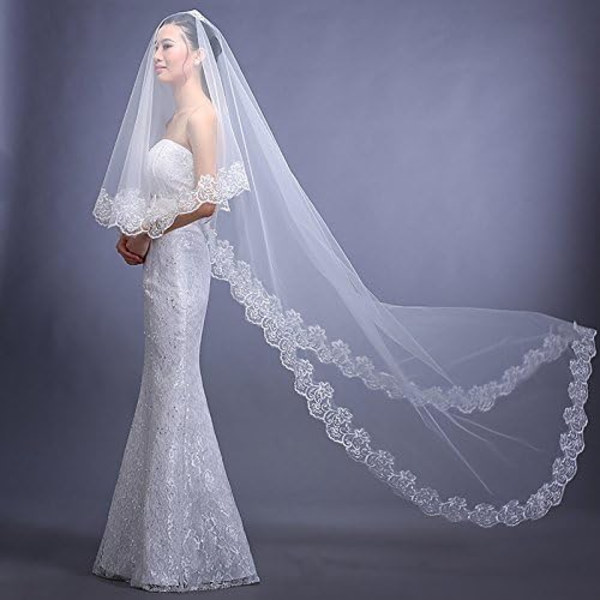BrudeSlør med Blonder Kanter Bølge Bryllup Slør Lang 5 Meter Elegant