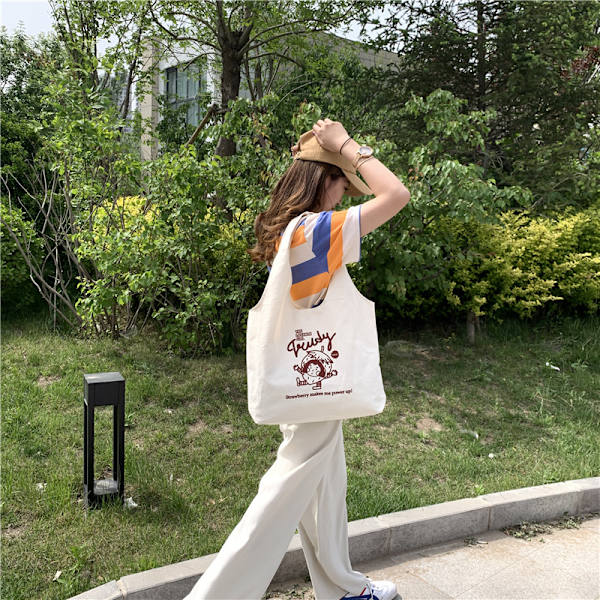 /#/Jordbær Print Lærred Tote Taske (38 x 31cm), Tote Taske til Kvinder/#/
