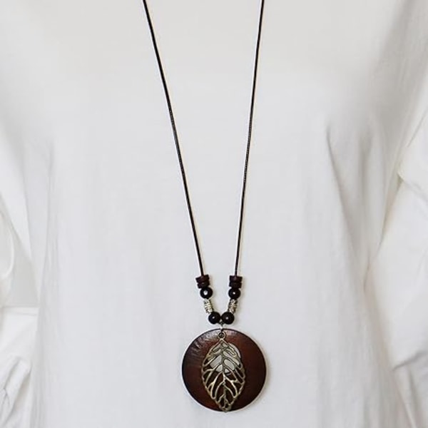 2 st Träpendant Halsband med Uggla Blad Charm Långt Vaxrep