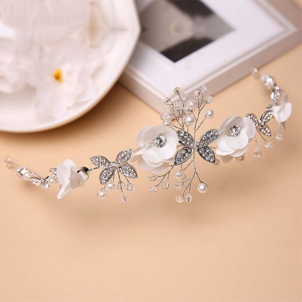 White Princess Flower Headwear Bridal Crystal Pearl Hårklänning Vi