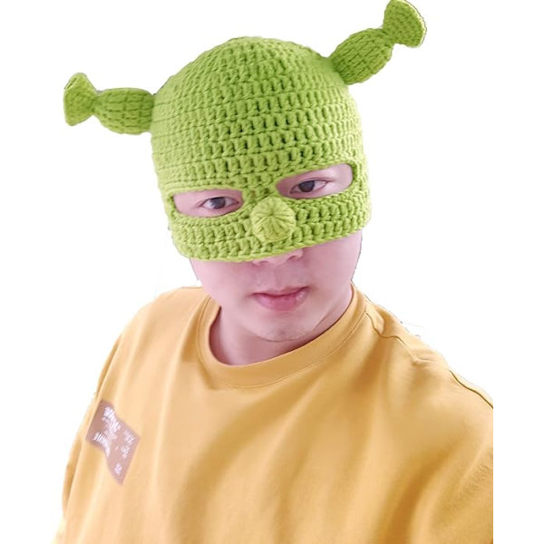 Grön hatt för hela huvudet, hattar med söta öron, stickad hatt med mask