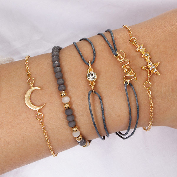 Sæt af 6 boho armbånd Stjerner og måne krystal og ædelstensperle armbånd håndlavet håndkæde til kvinder og piger