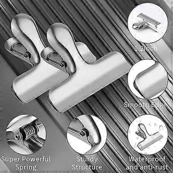 6 stk. 7,6 cm Brede Papirclips i Rustfrit Stål Kraftige Madposeklemmer Forseglingsclips Chip Clips Metal Hængselclips Filklemmer til Køkken Kontor (Sølv)