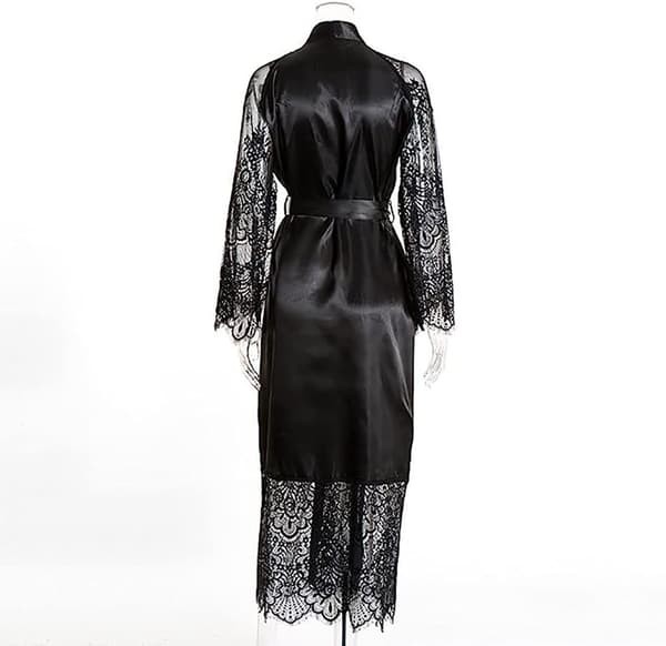 #L,Kimono Badekåber Lang Silke Satin Sort Kimono Badekåbe#
