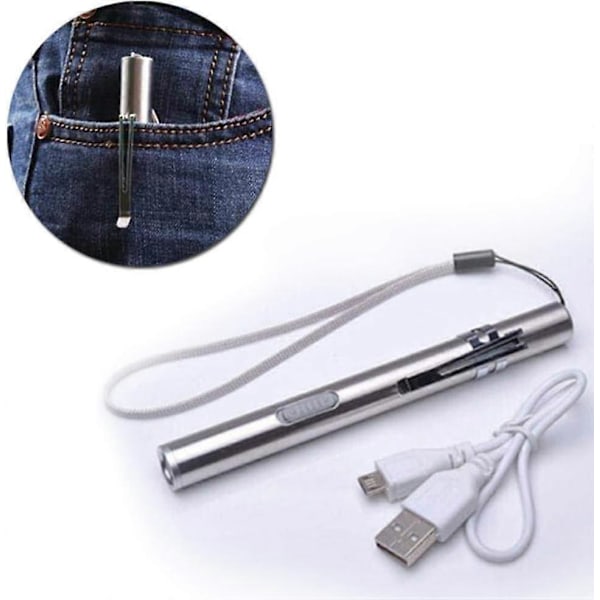 Mini USB LED Lommelygte Medicinsk Diagnostisk, Vandtæt og Genopladelig Rustfri Stål Lommelygte med Lommeklips + USB Kabel til Mekanikere (3 stk)