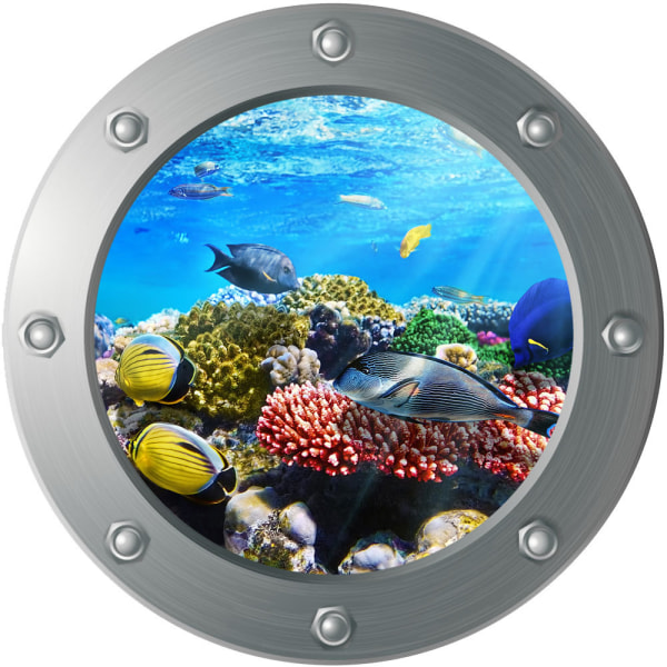 #3D Submarine Porthole veggklistremerke - Ocean Fish (Diameter: 29cm),#