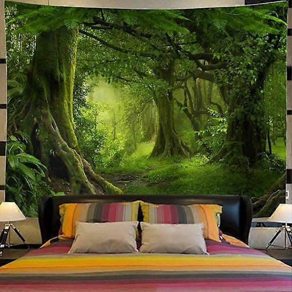 Jungfrulig skog Gobeläng Grönt träd i dimmig skog Gobeläng Väggbonad Naturlandskap Väggbonad Dekor för Vardagsrum Sovrum B150 cm