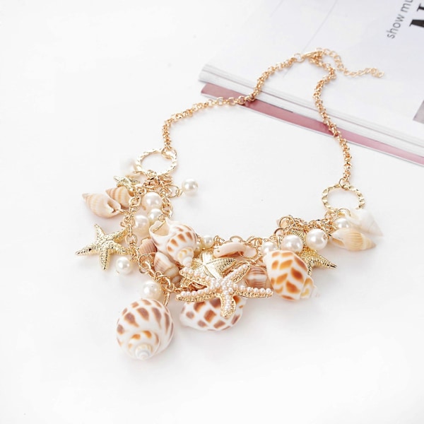 Halsband med snäckor, choker, halsband med sjöjungfrusvans - Trendigt snäckskal, sjöstjärna, konstgjord pärla, krage, bib-halsband, statement, chunky halsband, hänge
