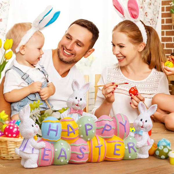 Easter Bunnies Holding Eggs, Resin Easter Bunny Figurines, Desktop Decorations, Suitable for Spring Decoration Easter Home Office