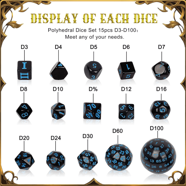 Terningsett, rollespillterninger, polyedriske terninger Sett med 15 stk D3-D10