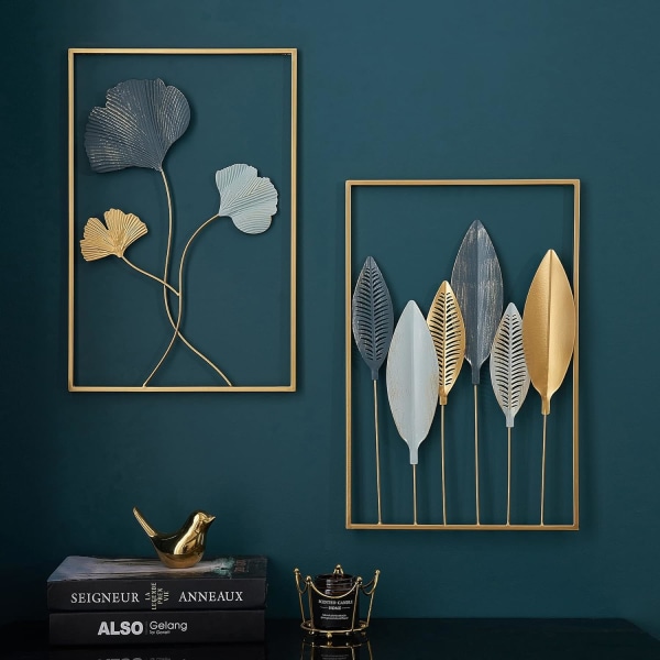 /#/Guld Metal Vægdekoration, Blå & Guld Blad Kunst Vægophæng Hom/#/