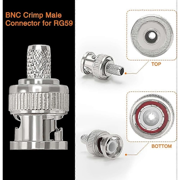 15 stycken BNC crimpkontakter för RG59 RG8 koaxialkabel, BNC hane adapter för CCTV-kamera, BNC crimpkontakt, inklusive kontakt, stift, hylsa