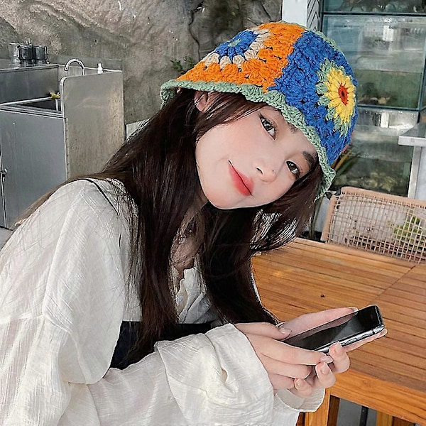 Blommiga stickade bucket hats mössor för kvinnor, handgjorda virkade hattar cloche stickad mössa