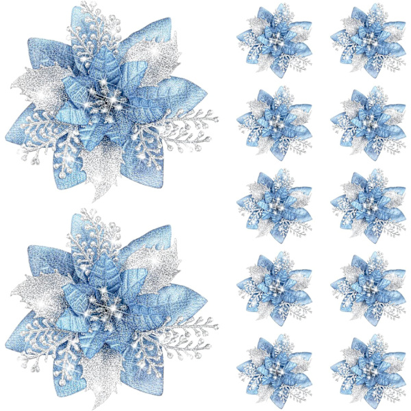 #(Lyseblå, 12 stykker) 5,7 tommer kunstige juleglitterblomster Juletreblomstdekorasjon#