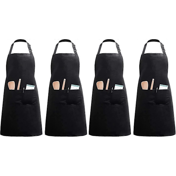 Set med 4 förkläden med fickor (svart, polyester)