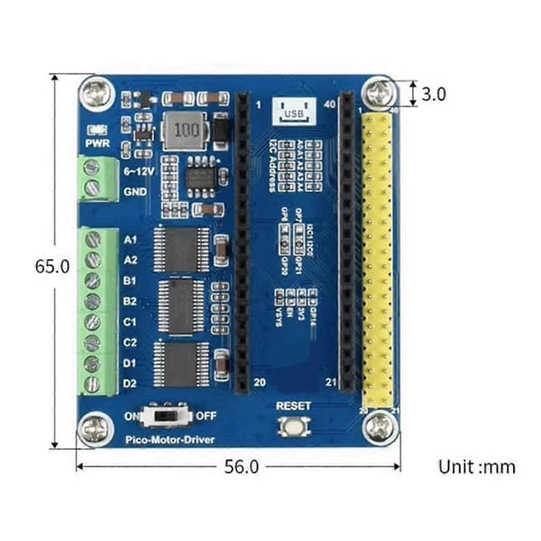 Udvidelseskort til Raspberry Pico med 4-vejs DC-motorinterface/5V reguleret/I2C-motordriver