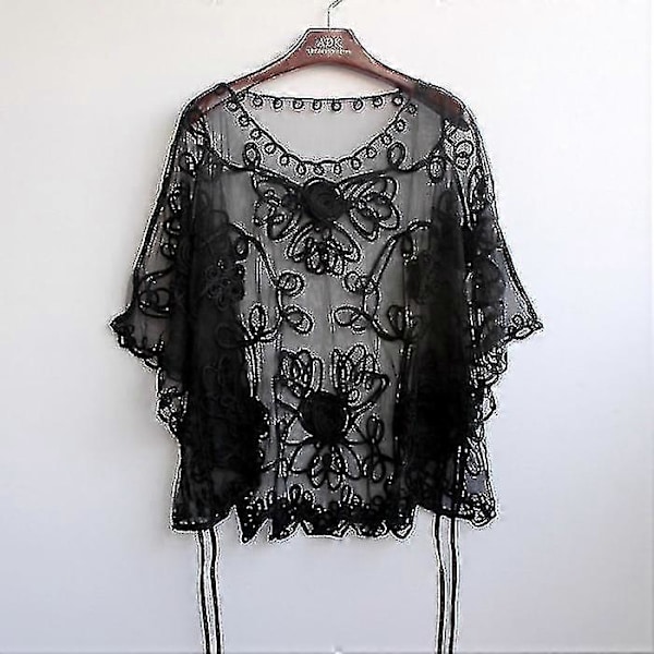 Løs Oversized Tynn Mesh Broderi Blomster Batwing Kappe Cape Blonde Poncho