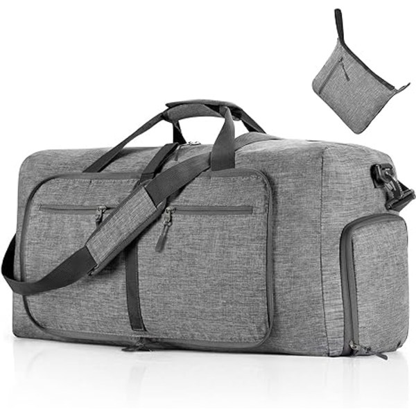 /#/Reise Duffel Bag for Menn  65L Foldable Reise Duffel Bag med Sko Rom Overnatting Bag for Menn Kvinner Vanntett & Rivbestandig (Grå)/#/