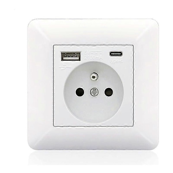 Fransk stikkontaktpanel Type-c+USB16A Type 86, antal stikkontakter: 2 huller, antal USB-porte: 1, antal Type-C-porte: 1, sikkert og fast (hvid bue)