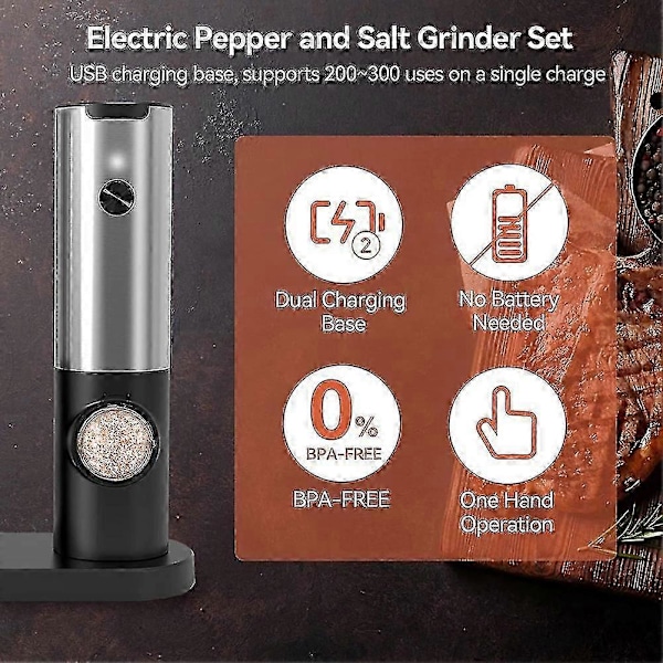 Genopladeligt Elektrisk Salt- og Peberkværnsæt med Dobbelt Opladningsbase, USB-kabel, Automatisk Salt- og Peberkværn