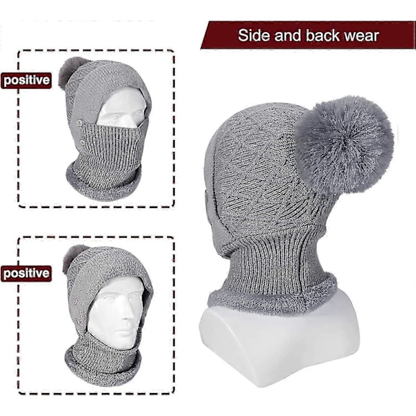Dame Vinter Varm Strikket Hue Halsvarmer Sæt, Dobbelt Lag Fleeceforet Beanie Hue, Grå