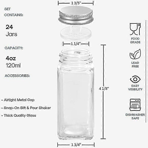 12 Krydderglass/flasker - med 20 krydderetiketter - shakerlokk og forseglede metallokk - inkluderer sammenleggbar silikontrakt