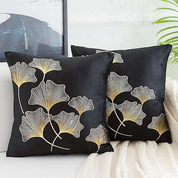 Kuddfodral 45x45cm Flanell Varmstämplad Svart Mjuk Fyrkantig Guld Ginkgoblad Tryckt Kuddfodral för Vardagsrum Sovrum Soffa, Set om 2