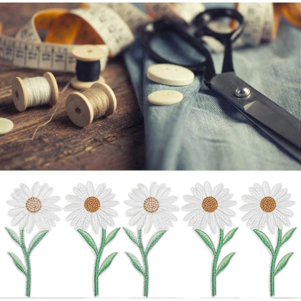 10 stk. Blomsterlapper, broderte hvite tusenfryd strykelapper for klær, sy på lapper sett, broderilapp for jeans, jakke, hatt, ryggsekker