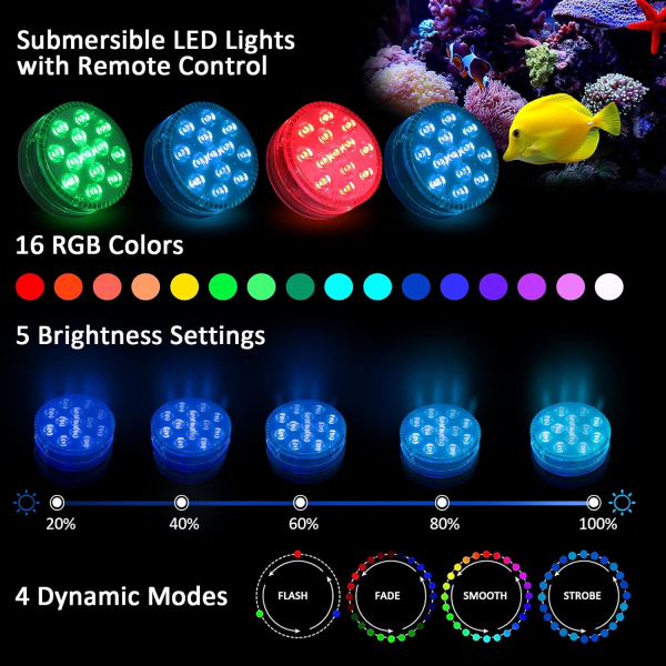 Neddykkelige LED-lys, (2 stk. Infrarød) IP68 Multi-farvet Swimming