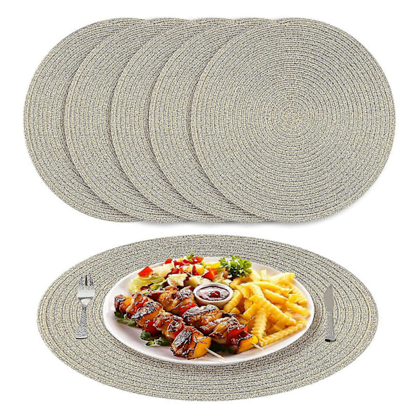 Pöytätabletit pyöreät beige punotut pöytätabletit, 6 kpl, lämmönkestävät, pestävät keittiöön ja ruokailuun, 38 cm, kulta