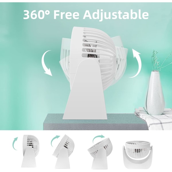 Valkoinen hiljainen USB-tuuletin, Mini pöytätuuletin 3 nopeutta, 360° kierto S