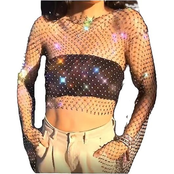 Strass Mesh Kroppskedjor Linnen, Glittriga Kristall Bikini Crop Tops Fisknät Bikini Överdel Strass Topp Kroppssmycken för Kvinnor L