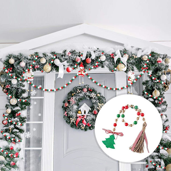 2 st Jul Träpärlkrans Med Tofsar Festlig Bondgård Vägg Hängande Ornament Julgransdekoration KaesiGolden
