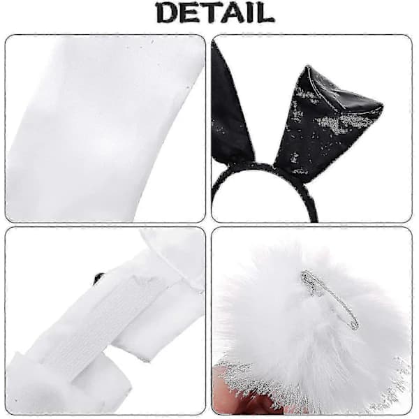 Rabbit Costume Set for Christmas and Easter Cosplay - Includes Bunny Ear Headband, Collar with Bow Tie, Cuffs, Long Black Gloves, and Rabbit Tail