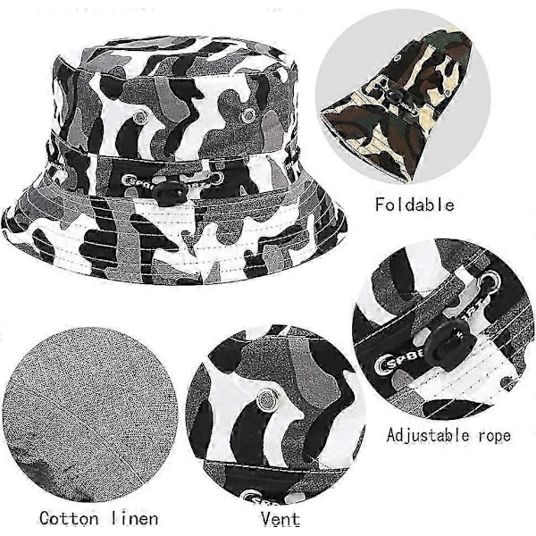 Solhat med bred skygge, hagestrop, trykknapper i siden og ventilationsåbninger (Hvid camouflage)