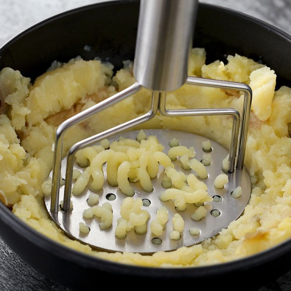 A stainless steel potato masher, dishwasher washable potato mash