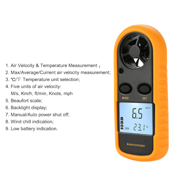 LCD Digital Anemometer Vindhastighedsmåler Luftstrømshastighedsmåling