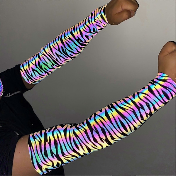 Regnbue Reflekterende Holografiske Glow Kompressionsærmer - 1 Par Zebra Print 40CM