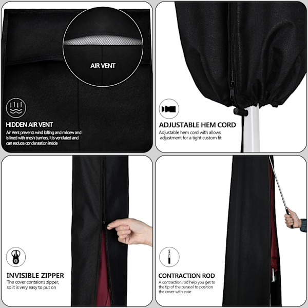 Parasolbetræk 2m til 4m, (190x30/40/50cm) - Robust Sort 420D