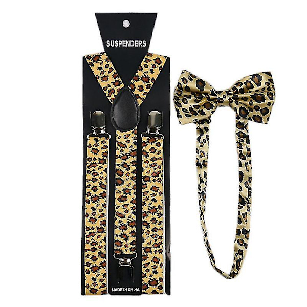 Unisex Hängslen Fluga Set Bred Leopardtryck Justerbar 3 Clip-on Y-rygg Bälte, Khaki