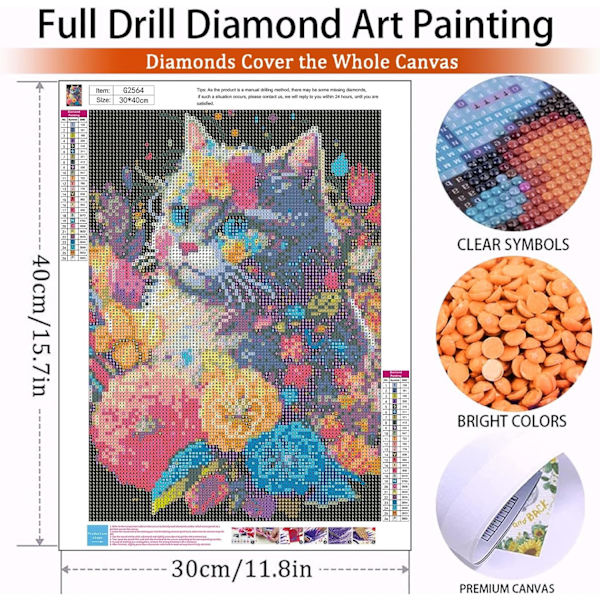 30x40cm, 5D diamantmålning katt strass broderi canvas