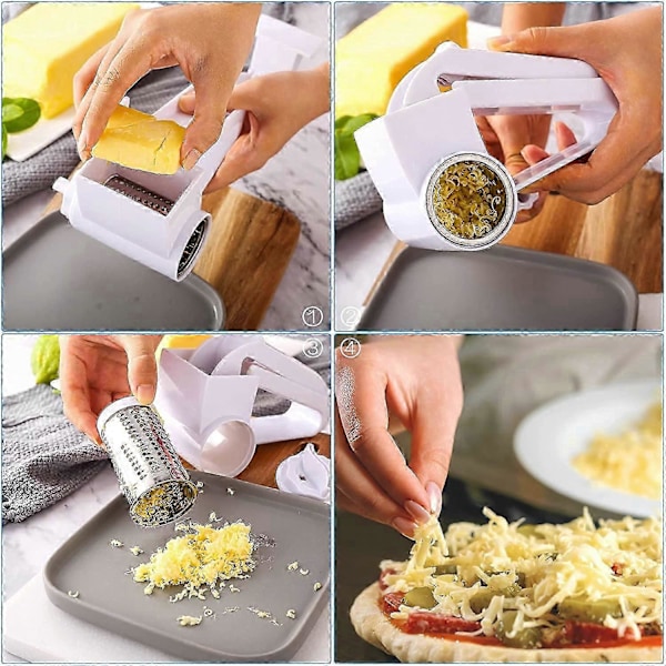 Rotary ostehøvl, parmesan ostehøvl med 3 slags tromleblade, frugt-/osteskærer, mekanisk rivejern til køkkenet, håndholdt i rustfrit stål